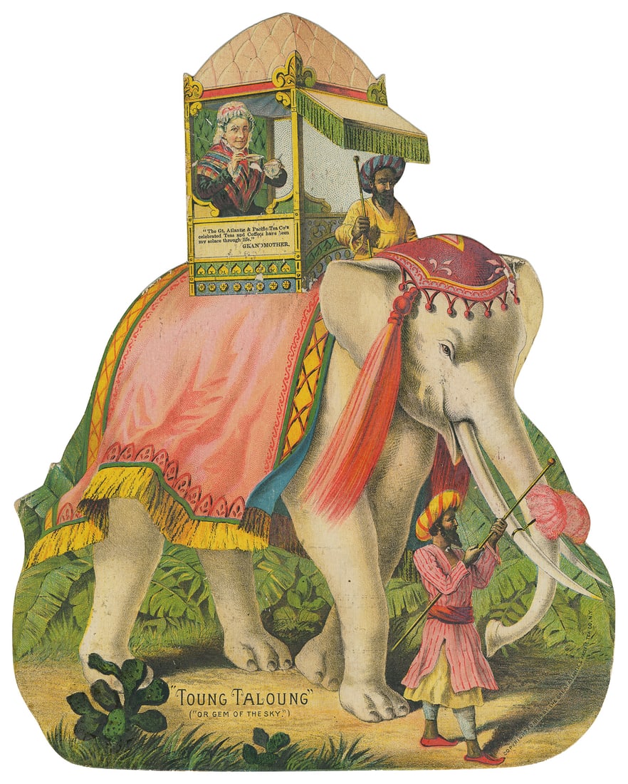 [LITHOGRAPHY]. [DIE-CUT TRADE CARDS]. “The Gt. Atlantic & P...: [LITHOGRAPHY]. [DIE-CUT TRADE CARDS]. “The Gt. Atlantic & Pacific Tea Co’s celebrated Teas and Coffees have been my solace through life / ‘Toung Taloung’ (‘or Gem of the 