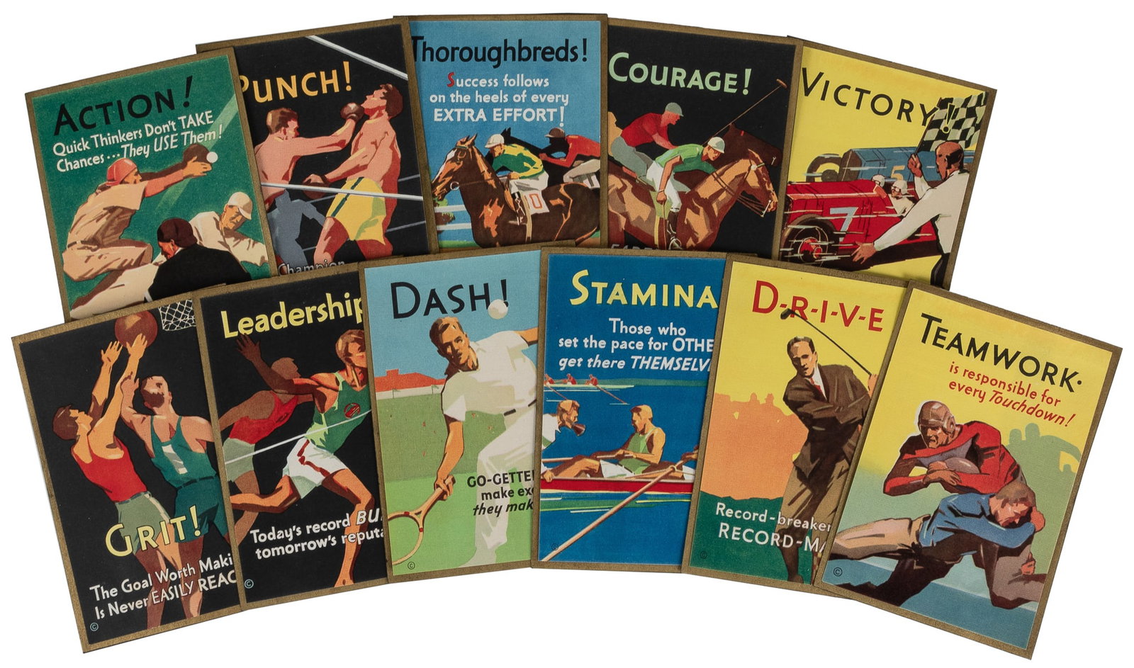 [LITHOGRAPHY]. Group of 11 Motivational Sports Lithographs....: [LITHOGRAPHY]. Group of 11 Motivational Sports Lithographs. [Ca. 1920s]. Lovely motivational lithographs excised from All-American Monthly magazine, all with sports imagery. Approximately 5 ½ x 3