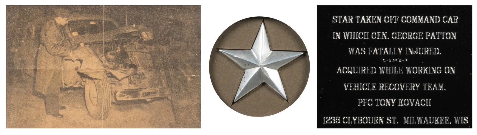 PATTON, General George S. (1885-1945). Metal Star Taken fro...: PATTON, General George S. (1885-1945). Metal Star Taken from Patton’s Command Car in Which He Was Fatally Injured. [1945]. Metal star (approximately 2 ½ x 2 ½”) matted, framed an