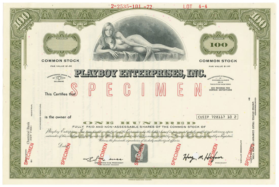 [STOCKS]. [PLAYBOY ENTERPRISES INC]. Specimen Stock Certifi...: [STOCKS]. [PLAYBOY ENTERPRISES INC]. Specimen Stock Certificate for Common Stock. [Ca. 1970S-90S]. Engraved document printed in green and black, with lithographed imagery of a reclining nude woman. Ap