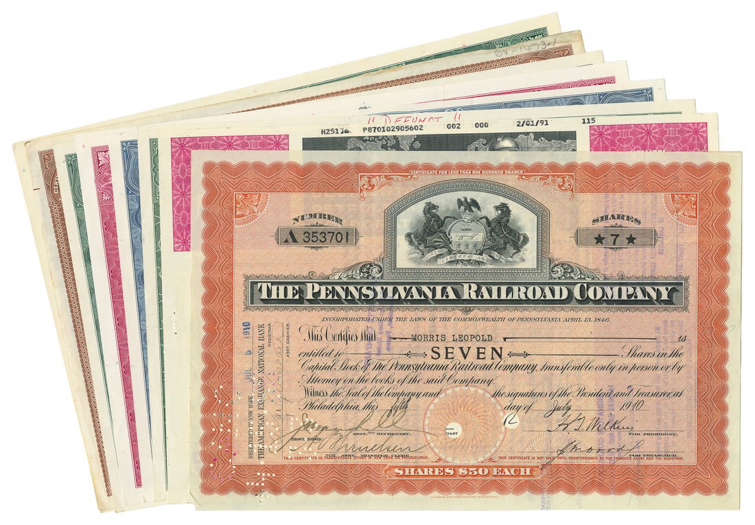 [STOCKS]. Group of 8 Used Stock Certificates for Various Co... (1 of 1)