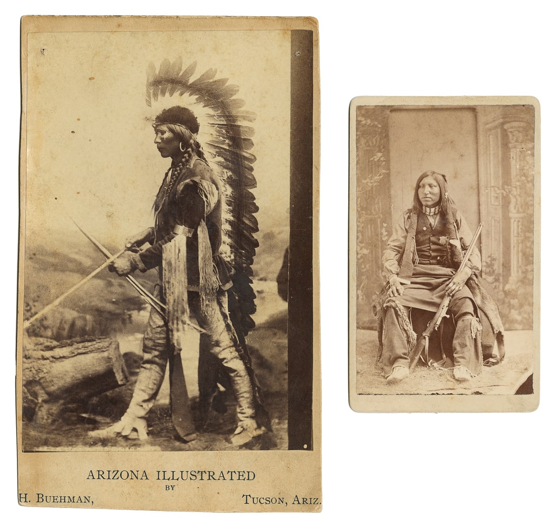 [NATIVE AMERICANS]. CDV and Cabinet Card Photographs....: [NATIVE AMERICANS]. CDV and Cabinet Card Photographs, including: large “Arizona Illustrated” photo of a Native American man in elaborate headdress and with bow and arrow. Tucson, AZ: H. Bu