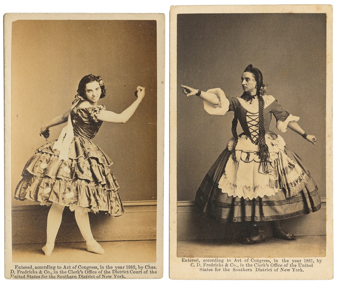 “Miss Cubas”. Group of Two CDVs of...: “Miss Cubas”. Group of Two CDVs of “Miss Cubas,” a Dancer in Two Different Costumes. [New York: J. H. Bigelow and Charles D. Fredericks, 1861-1862]. Cabinet photos on photograp