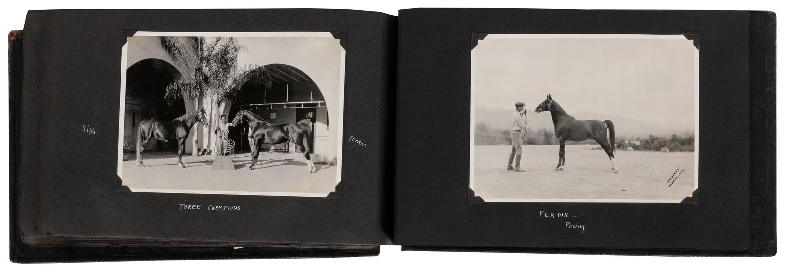 [HORSES]. [CALIFORNIANA]. KELLOGG, William Keith (1860-1951...: [HORSES]. [CALIFORNIANA]. KELLOGG, William Keith (1860-1951). Album of Original Photographs of Arabian Horses and Celebrities at Kellogg’s Ranch in Pomona, CA. [Pomona, ca. 1920s]. Album of appr