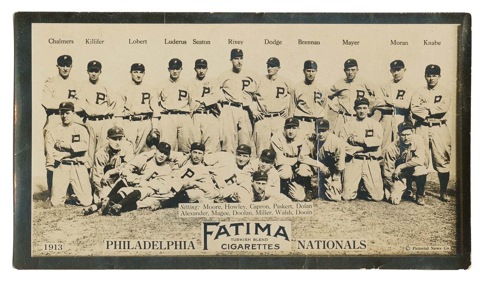 [BASEBALL]. [CIGARETTE CARD]. Photographic Cigarette Card o...: [BASEBALL]. [CIGARETTE CARD]. Photographic Cigarette Card of the Philadelphia Nationals for Fatima Cigarettes (T-200). [Pictorial News Co., ca. 1913]. Team portrait with all players names captioned. T