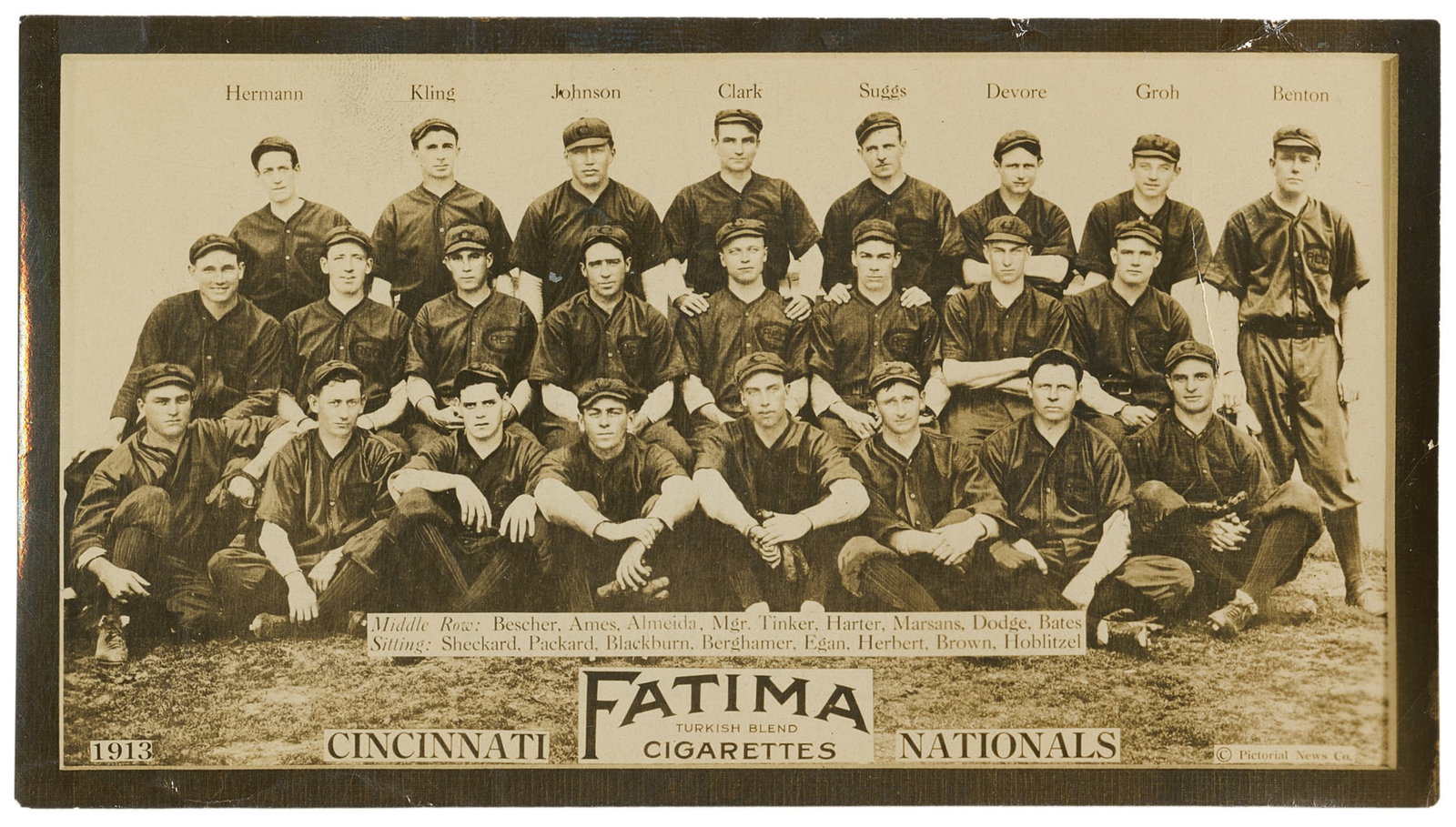 [BASEBALL]. [CIGARETTE CARD]. Photographic Cigarette Card o...: [BASEBALL]. [CIGARETTE CARD]. Photographic Cigarette Card of the Cincinnati Nationals for Fatima Cigarettes (T-200). [Pictorial News Co., ca. 1913]. Team portrait with all players names captioned. Tex