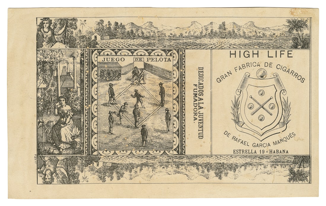 [BASEBALL]. “High Life Gran Fabrica de Cigarros” Cuban ciga...: [BASEBALL]. “High Life Gran Fabrica de Cigarros” Cuban cigarette wrapper with baseball scene. [Havana: Rafael Garcia Marques, ca. 1870s]. Intact, unfolded engraved cigarette wrapper with b