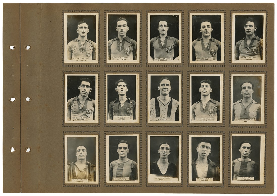 [SOCCER / FOOTBALL]. Group of 60 Spanish Foot-Ball (Soccer)...: [SOCCER / FOOTBALL]. Group of 60 Spanish Foot-Ball (Soccer) Photographic Cigarette Cards of Players. [Ca. early 20th century]. Black and white photographic portraits of players, all mounted on two lea