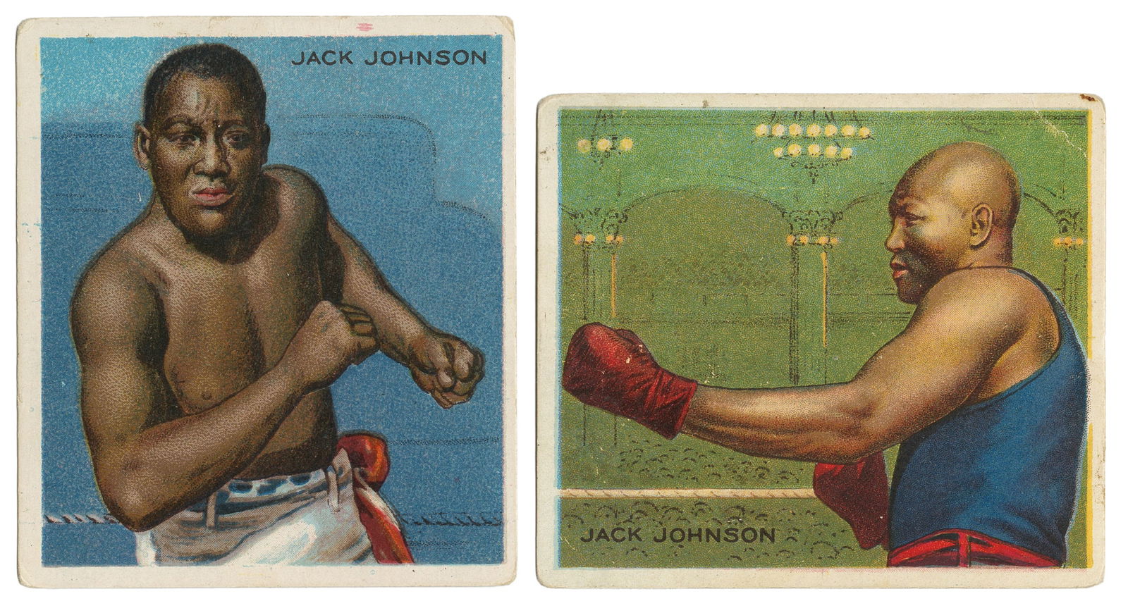 [CIGARETTE CARDS]. JOHNSON, Jack (1878-1946). A Pair of Rar...: [CIGARETTE CARDS]. JOHNSON, Jack (1878-1946). A Pair of Rare Cigarette Cards Featuring Heavyweight Champion Jack Johnson. [New York: Mecca Cigarettes and Hassan Cork Tip Cigarettes, ca. 1910]. Cards w