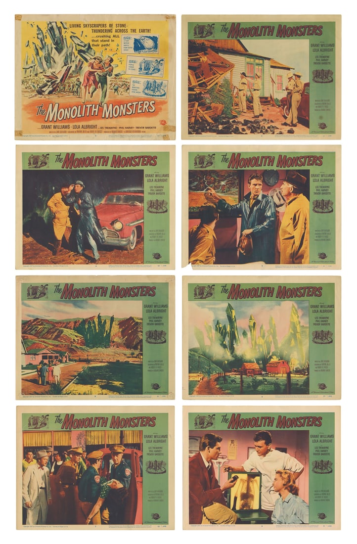 The Monolith Monsters. Group of Eight Color Lobby Cards. [H...: The Monolith Monsters. Group of Eight Color Lobby Cards. [Hollywood: Universal Pictures, 1957]. Cards feature crystalline monsters, as well as cast members Grant Williams or Lola Albright. Cards #1-8.