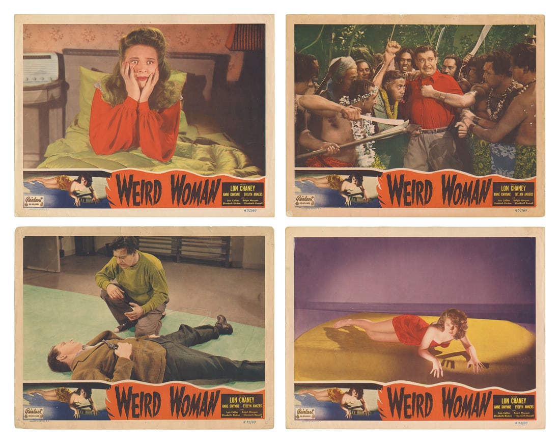 Weird Woman. Group of Four Color Lobby Cards. [Hollywood: R...: Weird Woman. Group of Four Color Lobby Cards. [Hollywood: Realart, R-1952]. These cards feature Lon Chaney Jr., Anne Gwynne, and other cast members. Cards generally toned, worn, pin-holes, soiled on v