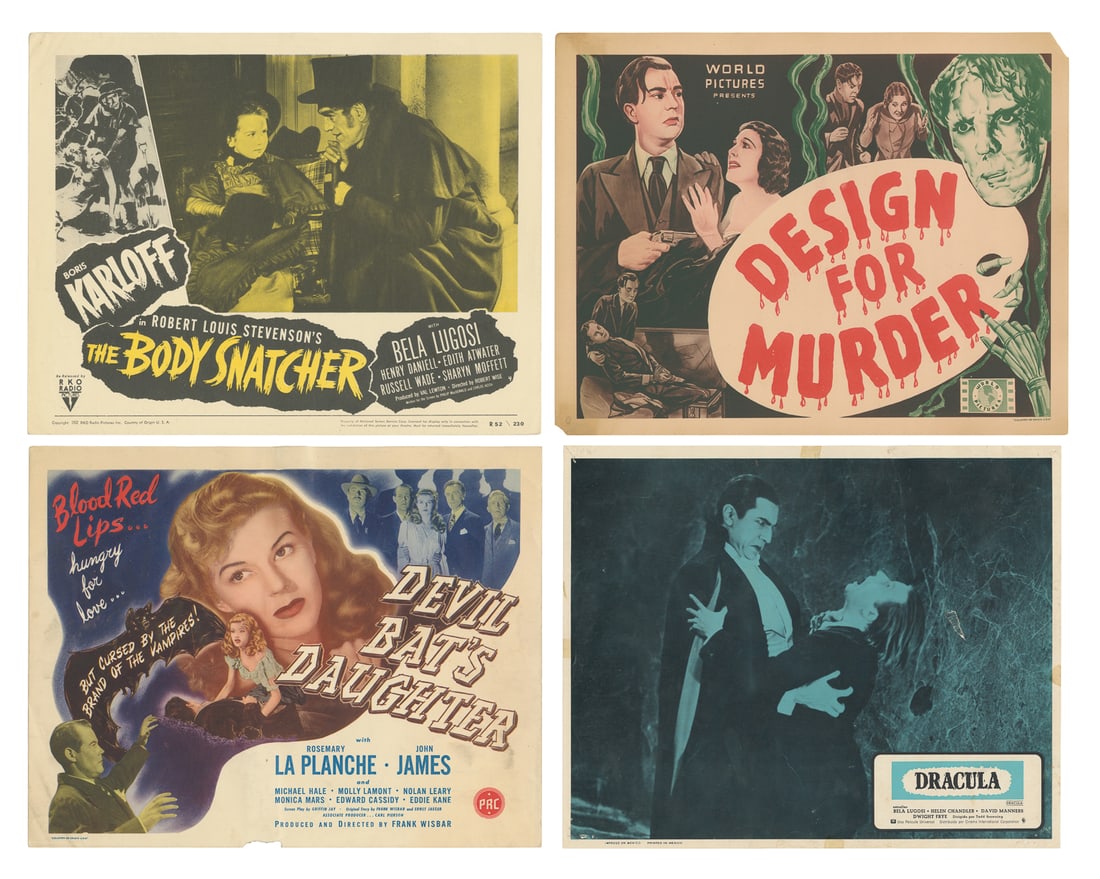 Group of 45 Color or Tinted Lobby Cards. [Hollywood, ca. 19...: Group of 45 Color or Tinted Lobby Cards. [Hollywood, ca. 1920s-1950s]. Some general wear, some tears, pin-holes at corners, some soiling, chipping, creasing, some with tape repairs. B/B-. Some titles 