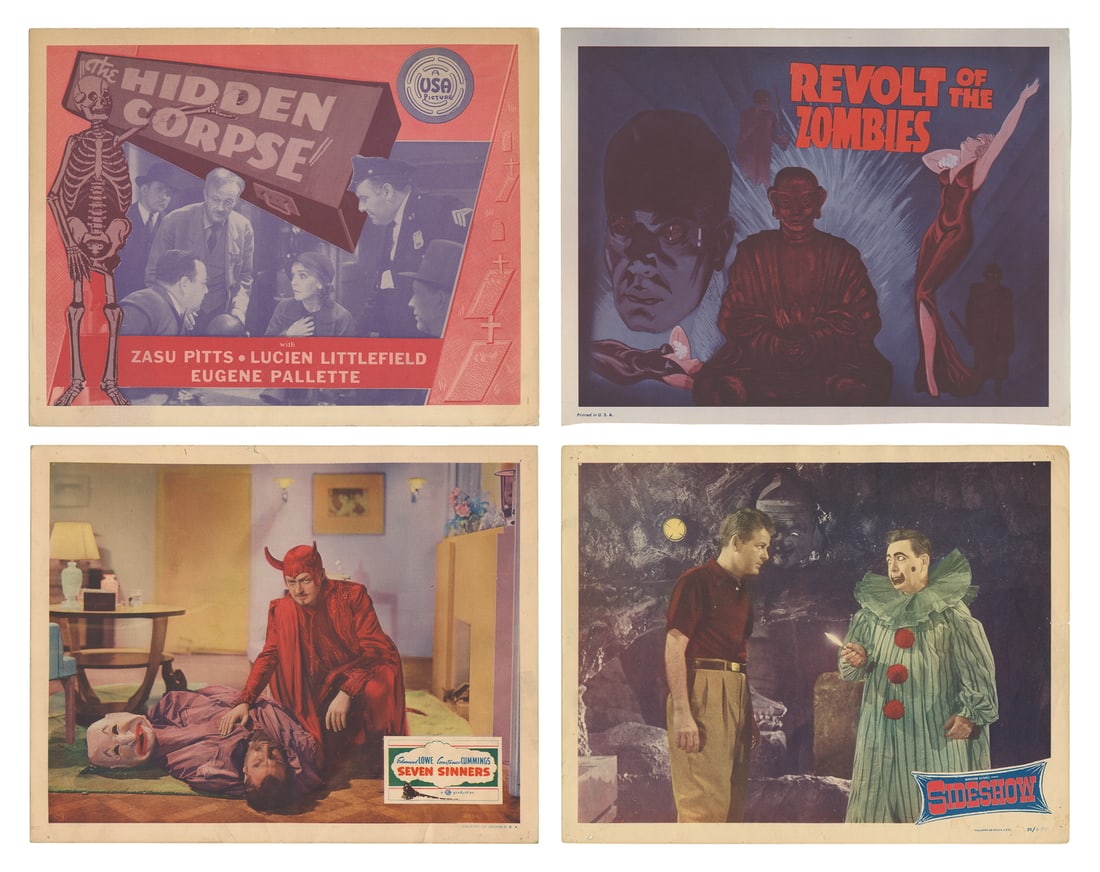 Group of 42 Color or Tinted Lobby Cards. [Hollywood, ca. 19...: Group of 42 Color or Tinted Lobby Cards. [Hollywood, ca. 1920s-1950s]. Some general wear, some tears, pin-holes at corners, some soiling, chipping, creasing, some with tape repairs. B/B-. Some titles 