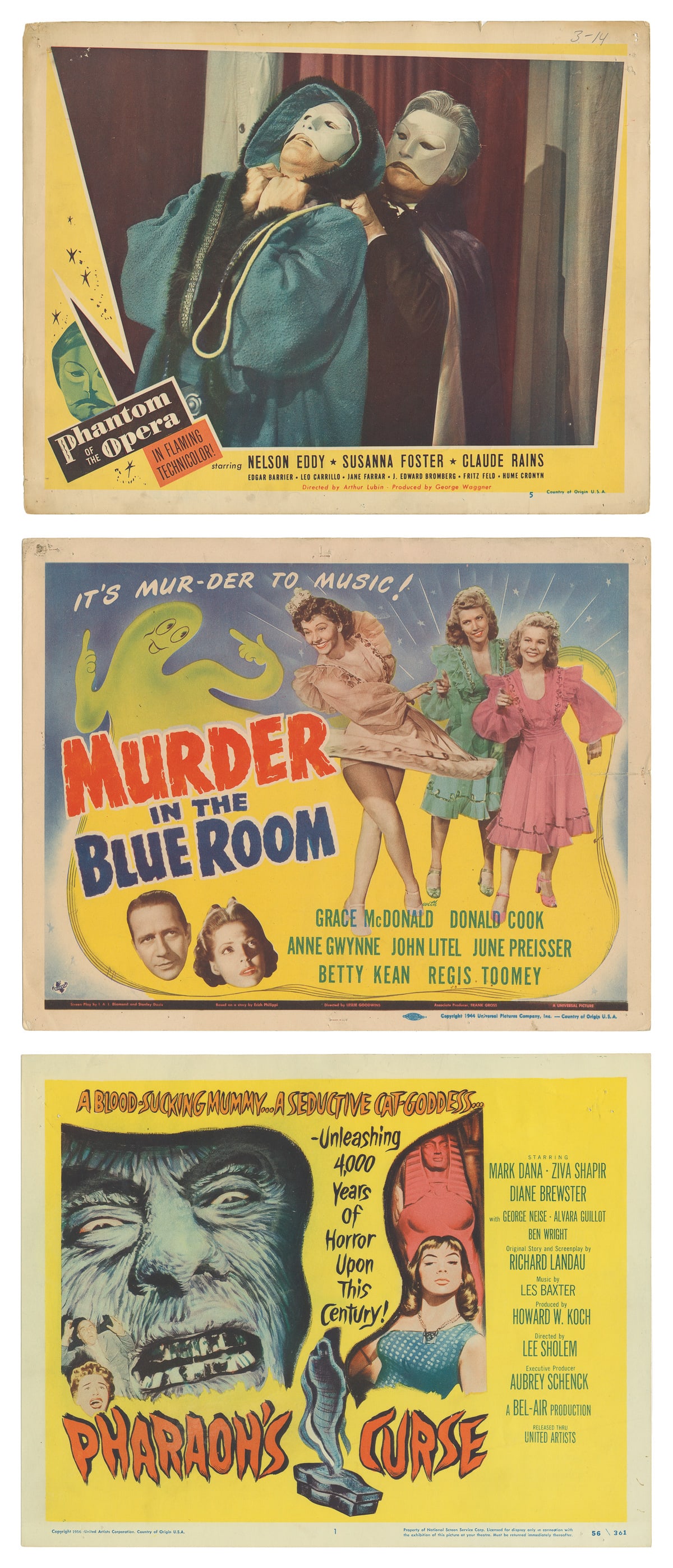 Group of 50 Color or Tinted Lobby Cards. [Hollywood, ca. 19...: Group of 50 Color or Tinted Lobby Cards. [Hollywood, ca. 1930s-1960s]. Some general wear, some tears, pin-holes at corners, some soiling, chipping, creasing, some with tape repairs. B/B-. Some titles 