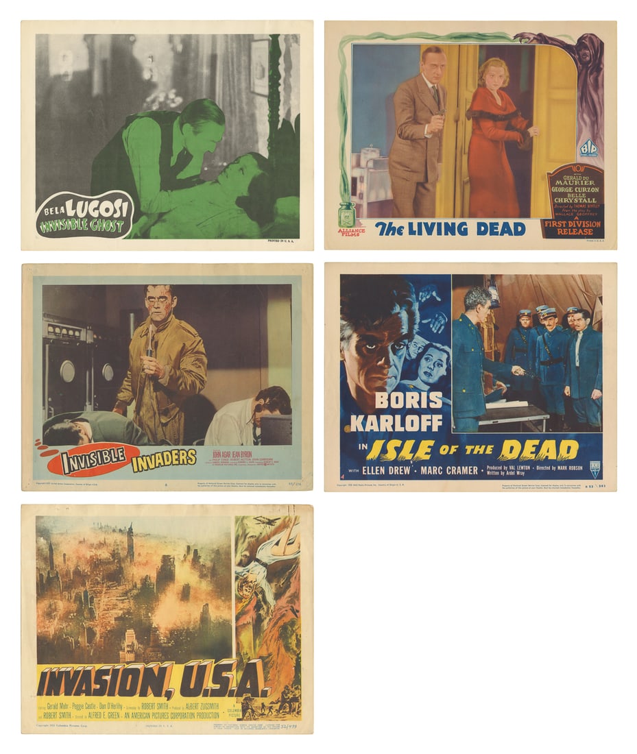 Group of 56 Color or Tinted Lobby Cards. [Hollywood, ca. 19...: Group of 56 Color or Tinted Lobby Cards. [Hollywood, ca. 1940s-1960s]. Some general wear, some tears, pin-holes at corners, some soiling, chipping, creasing, some with tape repairs. B/B-. Some titles 