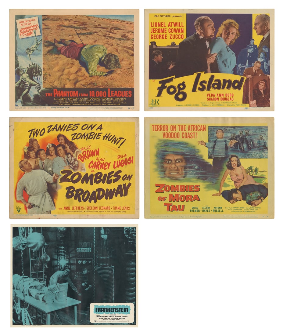Group of 60 Color or Tinted Lobby Cards. [Hollywood, ca. 19...: Group of 60 Color or Tinted Lobby Cards. [Hollywood, ca. 1940s-1960s]. Some general wear, some tears, pin-holes at corners, some soiling, chipping, creasing, some with tape repairs. B/B-. Some titles 