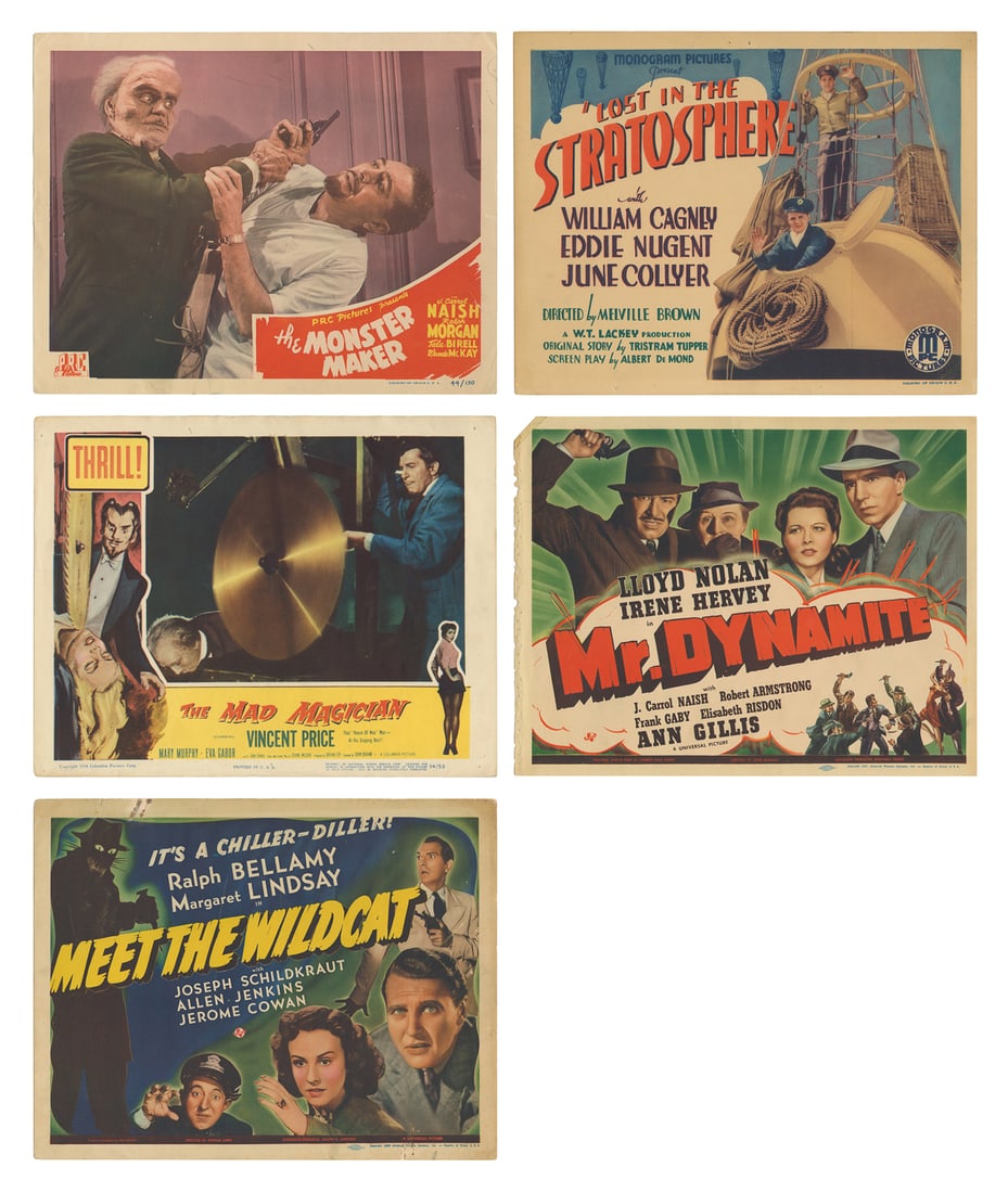 Group of 60 Color or Tinted Lobby Cards. [Hollywood, ca. 19...: Group of 60 Color or Tinted Lobby Cards. [Hollywood, ca. 1940s-1960s]. Some general wear, some tears, pin-holes at corners, some soiling, chipping, creasing, some with tape repairs. B/B-. Some titles 