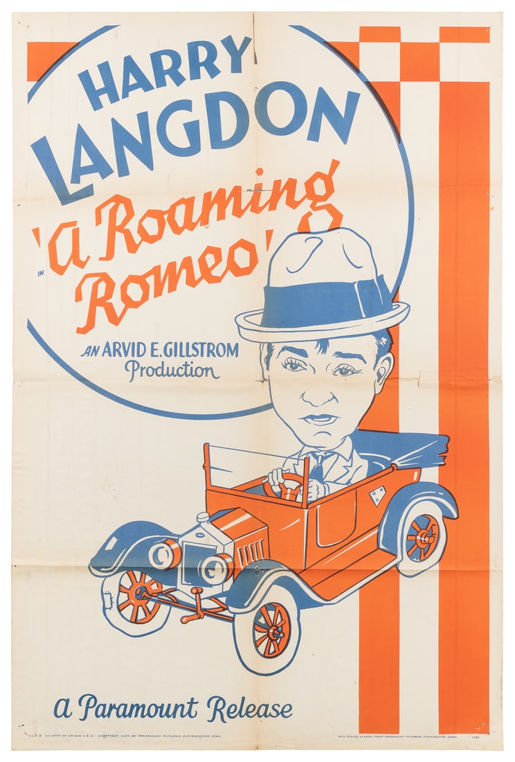 A Roaming Romeo. Paramount, 1933. One sheet (41 x 27”). Two...: A Roaming Romeo. Paramount, 1933. One sheet (41 x 27”). Two-color poster for the slapstick comedy short starring Harry Langdon, with Nell O’Day, Vernon Dent, Jack Henderson, Les Goodwin, a
