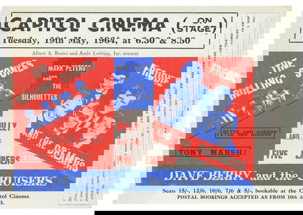 The Rolling Stones Capitol Cinema 1964 Concert Handbill. [S...: The Rolling Stones Capitol Cinema 1964 Concert Handbill. [Scotland: Moravian Press, 1964]. Concert handbill for The Rolling Stones alongside Peter and Gordon, Tony Marsh, Mark Peters and the Silhouett
