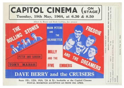 The Rolling Stones Capitol Cinema 1964 Concert Handbill. [S...: The Rolling Stones Capitol Cinema 1964 Concert Handbill. [Scotland: Moravian Press, 1964]. Concert handbill for The Rolling Stones alongside Peter and Gordon, Tony Marsh, Mark Peters and the Silhouett