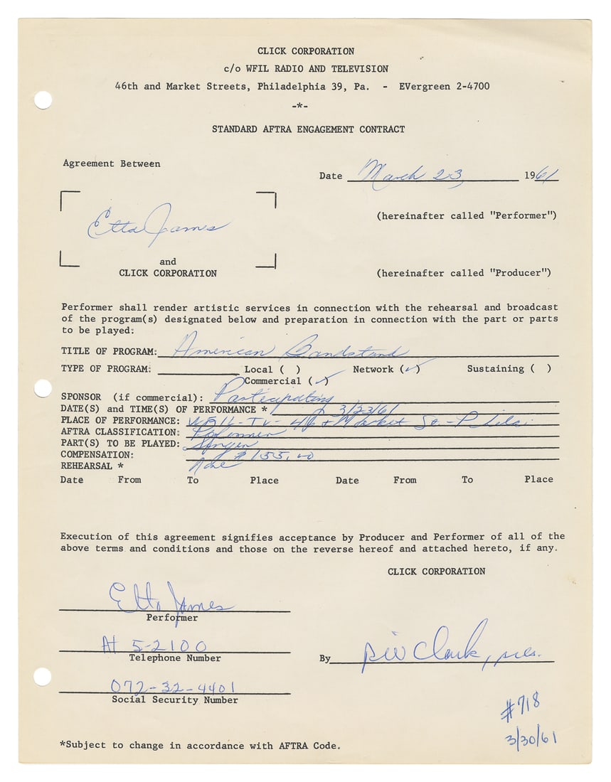 Etta James and Dick Clark Signed American Bandstand Contrac... (1 of 1)