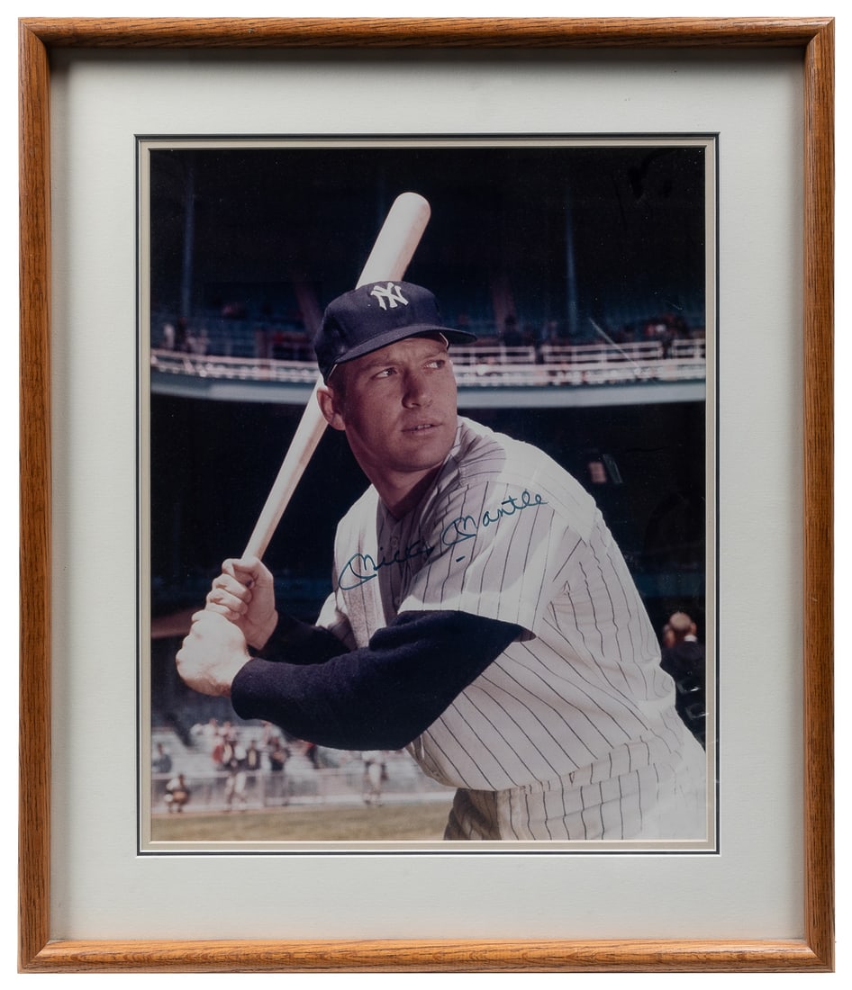 Mickey Mantle Signed Oversize Color Photo. Iconic color pho...: Mickey Mantle Signed Oversize Color Photo. Iconic color photograph of Mantle in pinstripe New York Yankees photograph and batting stance, signed across the jersey area in blue felt-tip “Mickey M