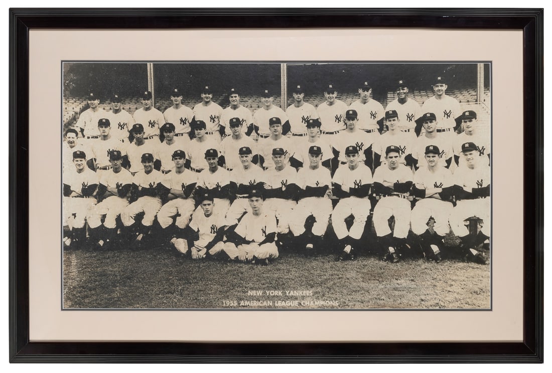 1955 New York Yankees Large-Format Team Photograph with Mic...: 1955 New York Yankees Large-Format Team Photograph with Mickey Mantle and Others. Panoramic team photograph depicting the American League Champion New York Yankees including Mickey Mantle, Yogi Berra,
