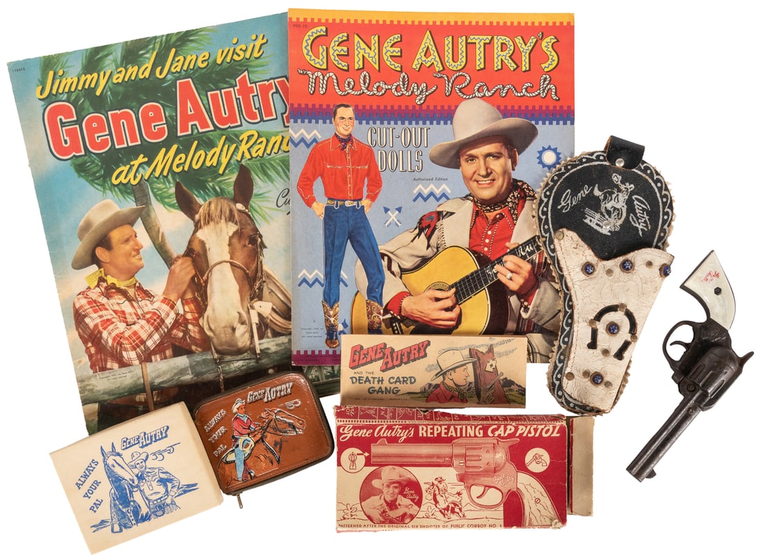 Gene Autry Group of Toys and Premiums. Six pieces, includin...: Gene Autry Group of Toys and Premiums. Six pieces, including: Gene Autry’s Repeating Cap Pistol (in box, unfired); Gene Autry model holster; Gene Autry wallet (in box); Gene Autry at Melody Ranc
