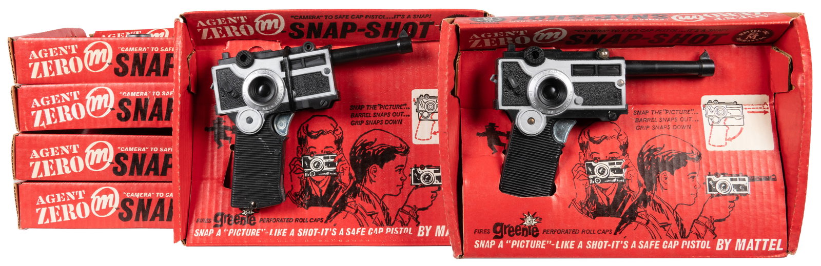 Mattel Agent Zero M Snap-Shot Cap Guns Group of 6. Hawthorn...: Mattel Agent Zero M Snap-Shot Cap Guns Group of 6. Hawthorne, CA: Mattel Inc., 1964. Six spy toys in which cap pistols are disguised as cameras: Press the shutter-release lever and the camera turns in