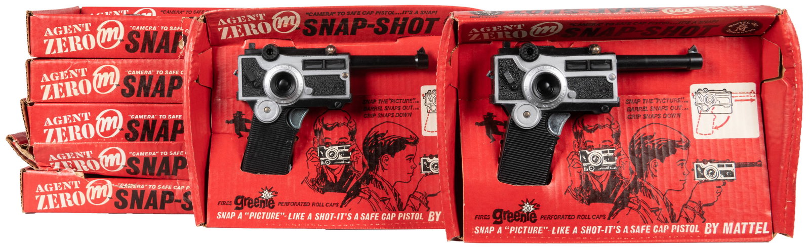 Mattel Agent Zero M Snap-Shot Cap Guns Group of 7. Hawthorn...: Mattel Agent Zero M Snap-Shot Cap Guns Group of 7. Hawthorne, CA: Mattel Inc., 1964. Six spy toys in which cap pistols are disguised as cameras: Press the shutter-release lever and the camera turns in
