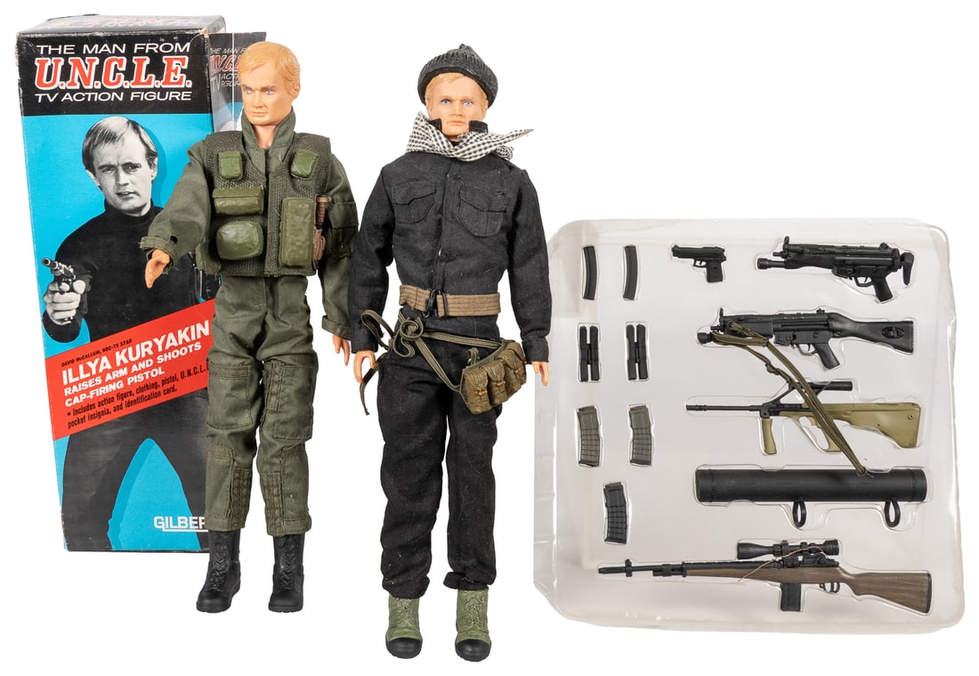 The Man from U.N.C.L.E. Gilbert TV Action Figures with Orig...: The Man from U.N.C.L.E. Gilbert TV Action Figures with Original Box and Numerous Accessories. A.C. Gilbert, 1965. Lot includes (2) Illya Kuryakin action figures, dressed in different original Gilbert