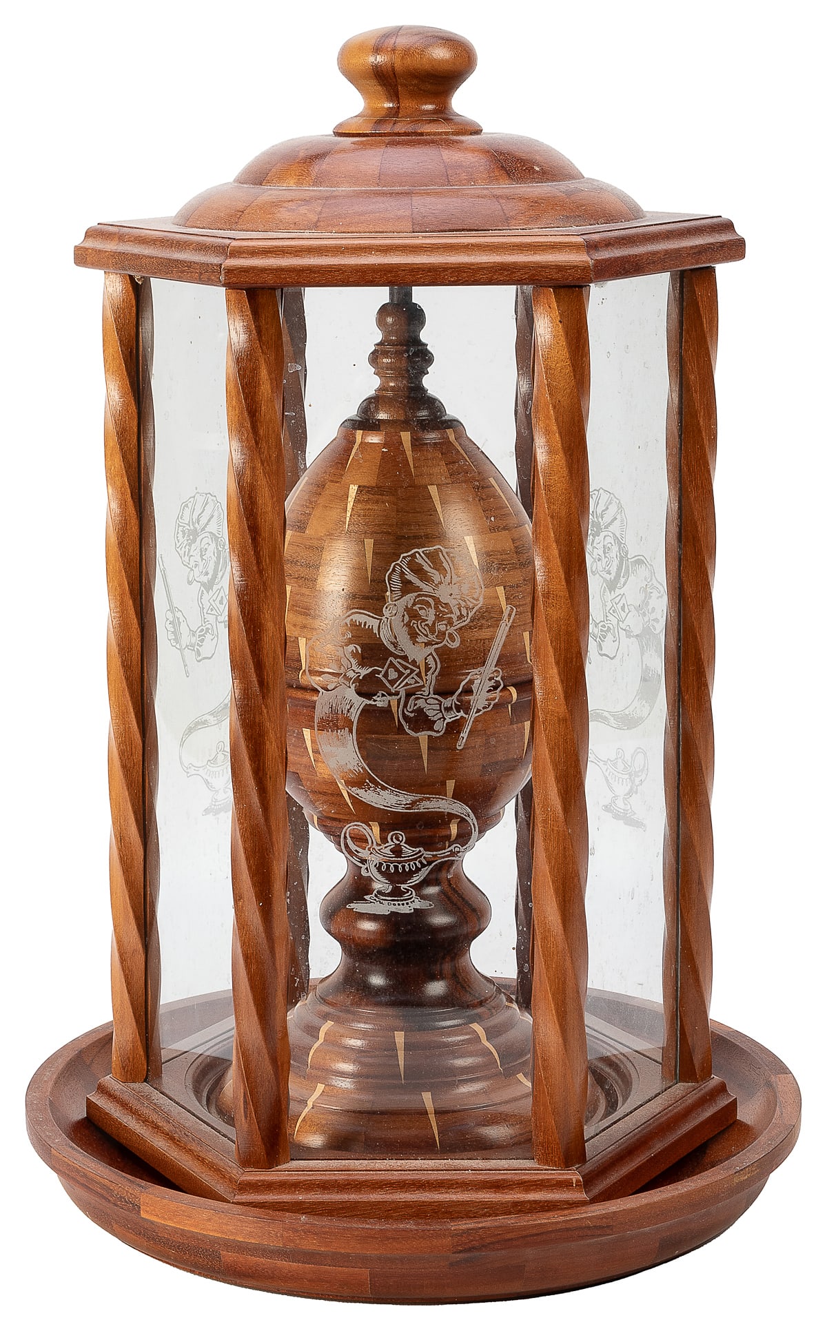 Marquetry Ostrich Egg Vase. Azusa: Owen Magic Supreme, ca. ...: Marquetry Ostrich Egg Vase. Azusa: Owen Magic Supreme, ca. 1995. A gracefully spun, marquetry inlaid wooden Morison Pill Box holding a large egg in place of the usual wooden ball. The egg is removed,