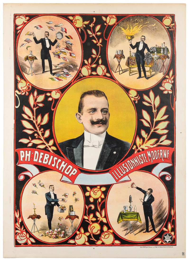 DEBISCHOP, Ph. Illusionniste Moderne. Antwerp: T. Felt Brot...: DEBISCHOP, Ph. Illusionniste Moderne. Antwerp: T. Felt Brothers, ca. 1905. Four vignettes from this Belgian magician’s show surround a central bust portrait, the balance of the poster filled wit