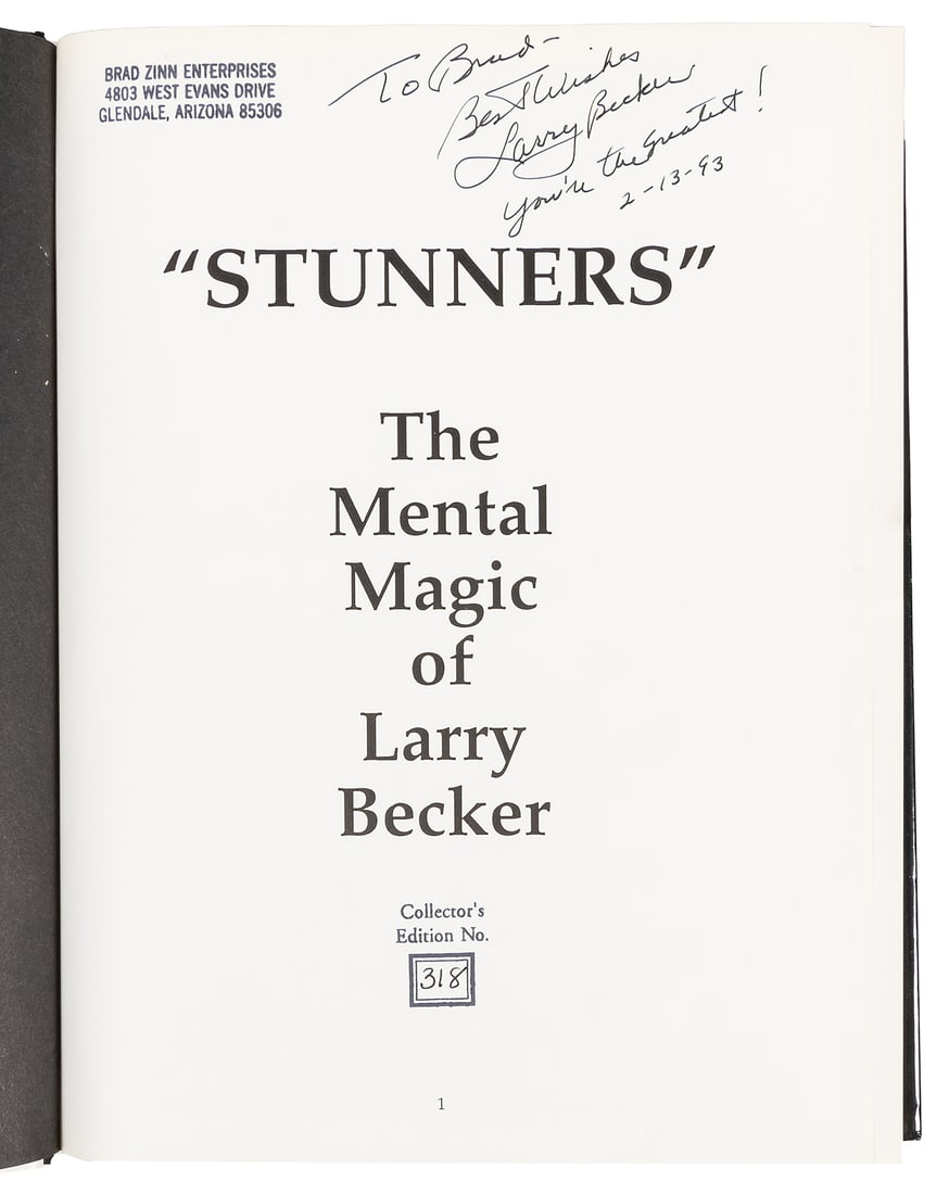 BECKER, Larry (1929 – 2023). Stunners! The Mental Magic of ...: BECKER, Larry (1929 – 2023). Stunners! The Mental Magic of Larry Becker. Carefree, Arizona: Aplar Publishing, 1992. Illustrated. 8vo. Original black cloth binding with dust jacket. Bumps and scu