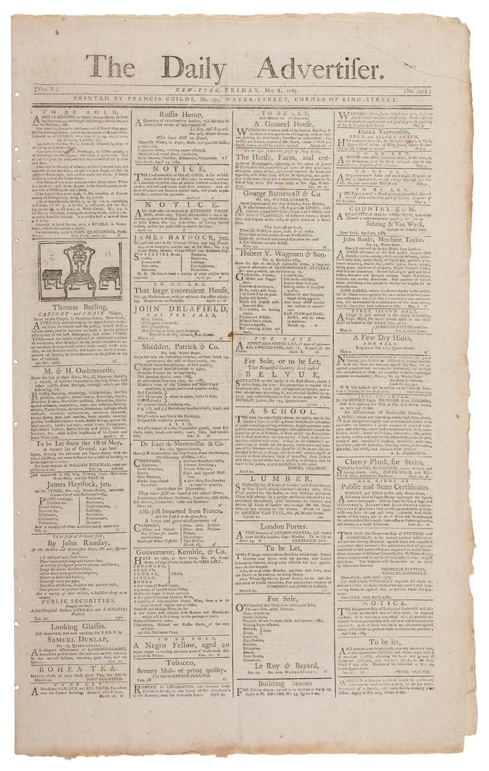 [WASHINGTON, George (1732-1799)]. The Daily Advertiser. Ina... (1 of 3)