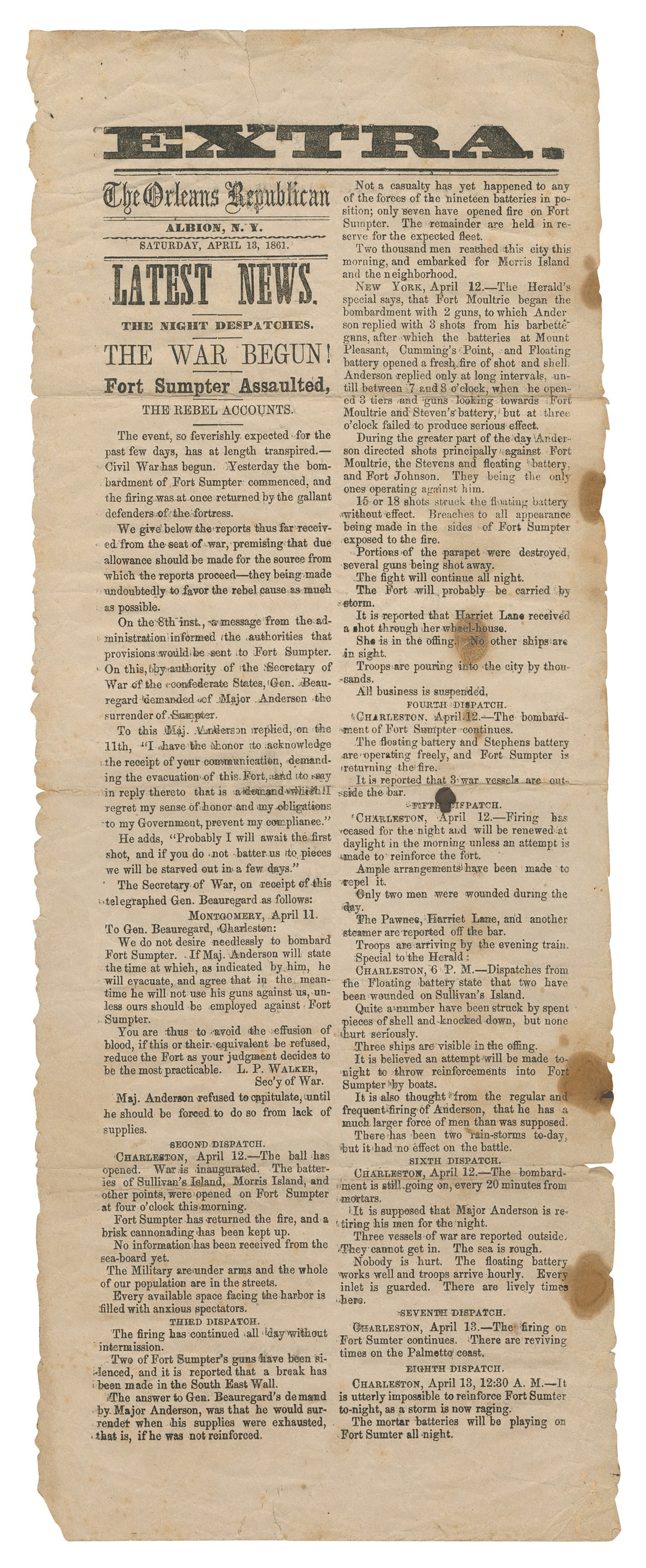 [CIVIL WAR]. Extra. The Orleans Republican. Albion, 13 Apri... (1 of 1)