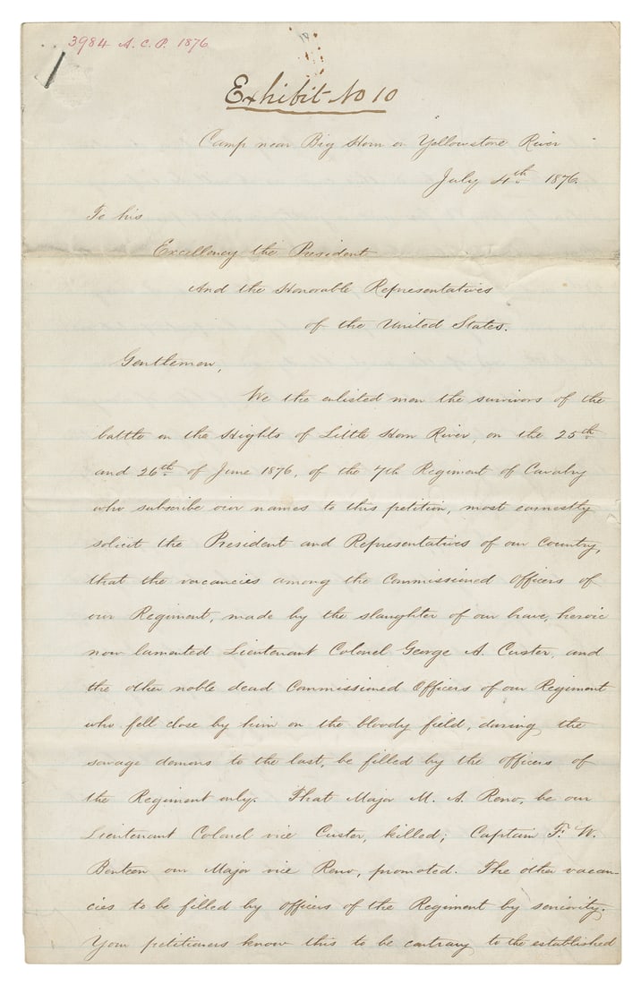 [CUSTER, George Armstrong (1839-1876)]. Manuscript document... (1 of 3)