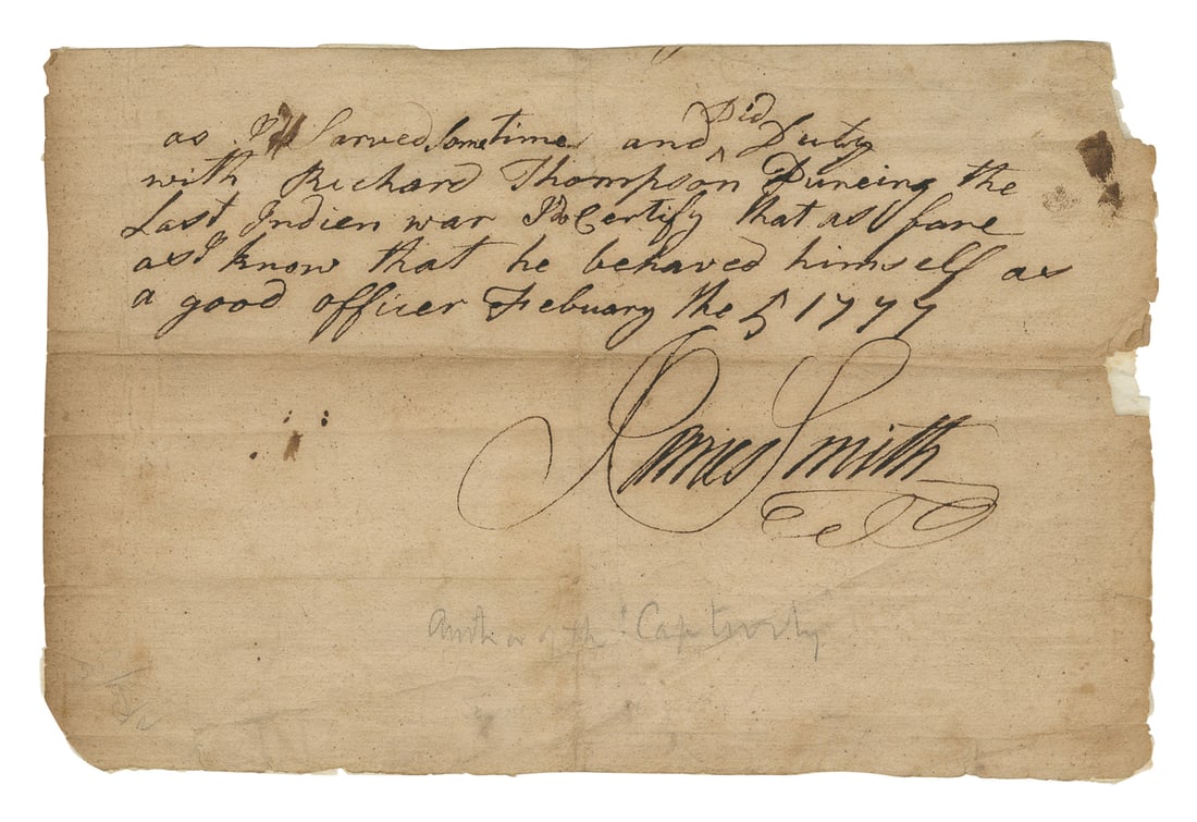 [REVOLUTIONARY WAR]. -- [BLACK BOYS REBELLION]. SMITH, Jame...: [REVOLUTIONARY WAR]. -- [BLACK BOYS REBELLION]. SMITH, James (1737-1813). Autograph document signed (“James Smith”), 5 February 1777. 1 page, oblong 12mo (133 x 210 mm), laid down on archi