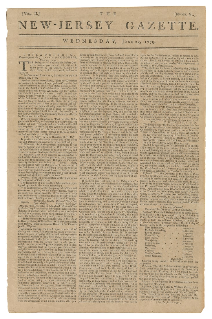 [REVOLUTIONARY WAR]. The New Jersey Gazette. Maryland’s opp... (1 of 1)