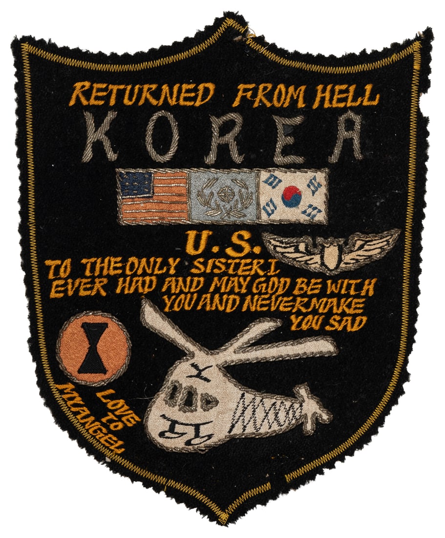 [KOREAN WAR]. A Massive Embroidered Patch. Circa 1953. 267 ...: [KOREAN WAR]. A Massive Embroidered Patch. Circa 1953. 267 x 216 mm. Emblazoned with the words “RETURNED FROM HELL”.