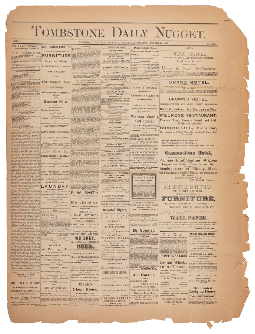 [GUNFIGHT AT THE O. K. CORRAL]. Tombstone Daily Nugget. Vol... (1 of 1)