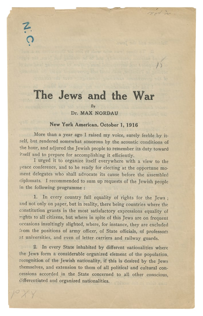 [JUDAICA]. NORDAU, Max (1849-1923). Jews and the War. New Y... (1 of 1)