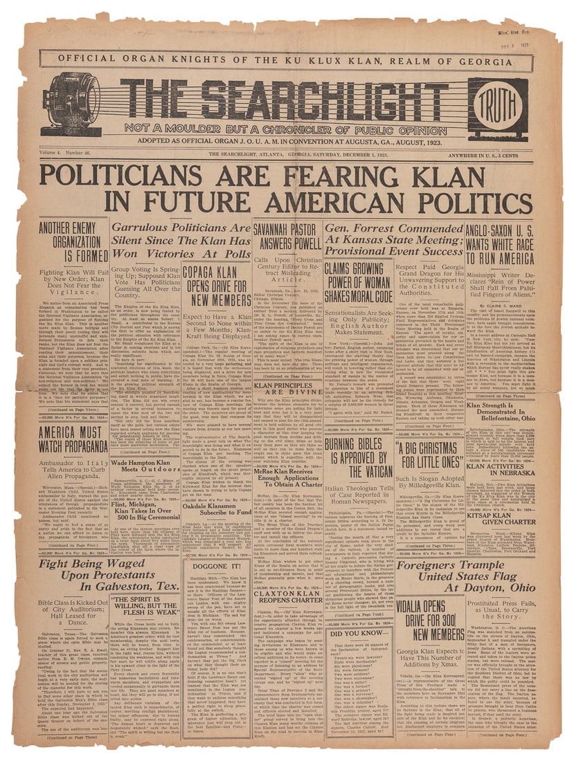 [KU KLUX KLAN]. The Searchlight / Not a Moulder but a Chron... (1 of 1)