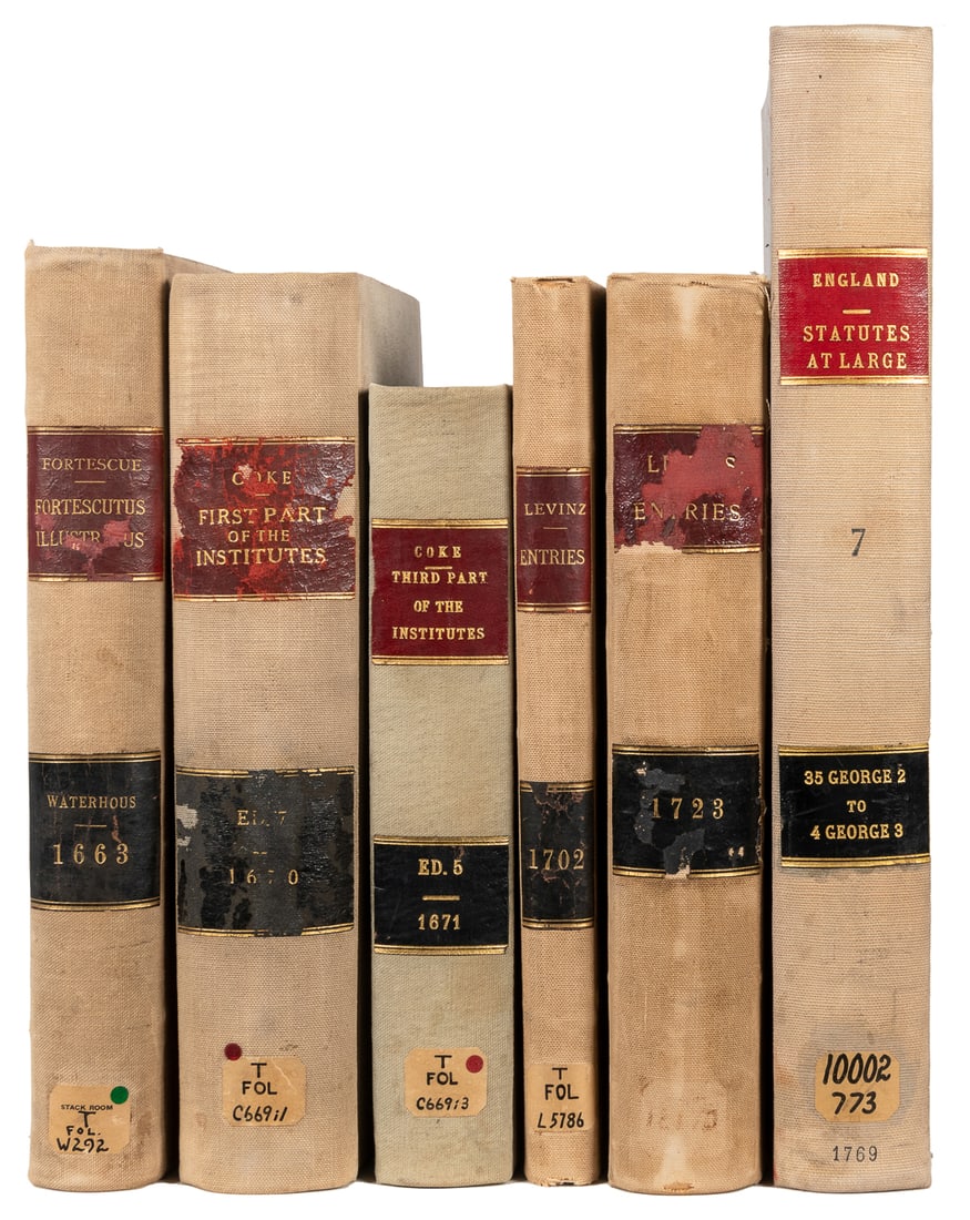 [LAW BOOKS]. Group of 12 Law Books or Reports. [V.p., ca. 1...: [LAW BOOKS]. Group of 12 Law Books or Reports. [V.p., ca. 1600s-1800s]. Various editions. 4tos. All bound in modern library binding of full light-blue cloth, burgundy and black gilt morocco lettering 