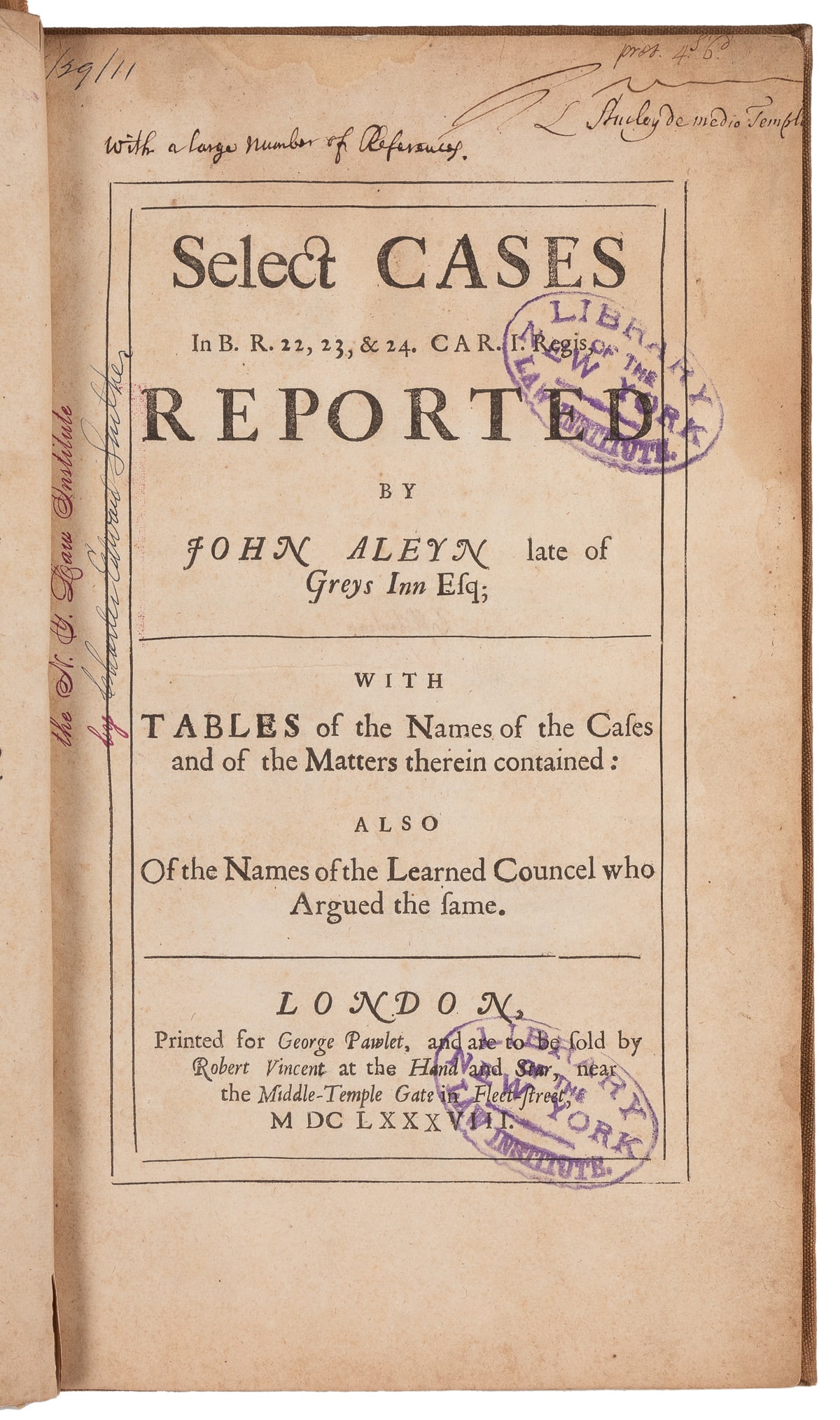[MARSHALL, John (1755-1835), his copy]. ALLEN, John. Select...: CHIEF JUSTICE JOHN MARSHALL’S COPY WITH HIS SIGNATURE [MARSHALL, John (1755-1835), his copy]. ALLEN, John. Select Cases in B.R. 22, 23, & 24. Car. I. Regis, Reported. London: George Pawlet for R