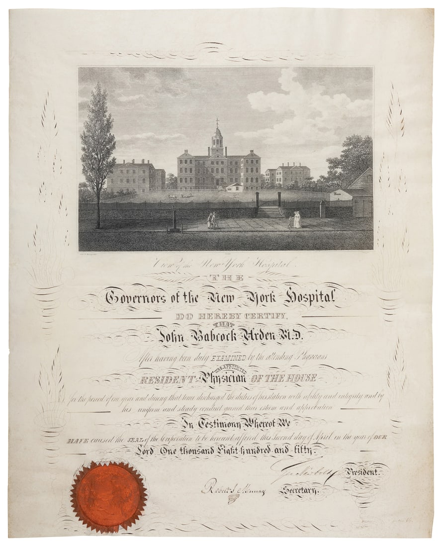 [MEDICINE]. Original Engraved Certificate Appointing John B...: [MEDICINE]. Original Engraved Certificate Appointing John Babcock Arden, M. D. as Resident Physician of the House. New York: John R. Murray for New-York Hospital, April 2, 1850. Engraved certificate o
