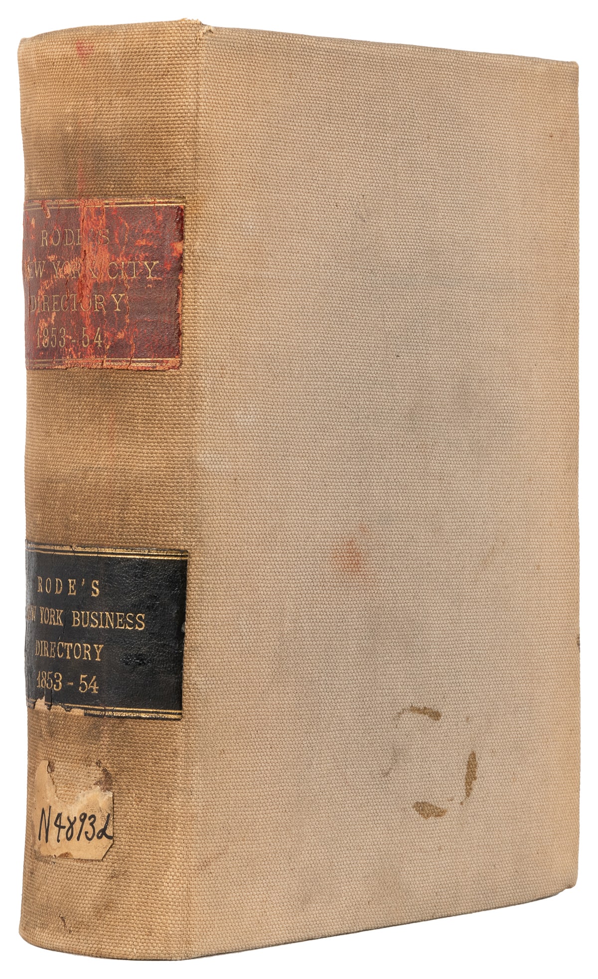 [NEW YORK CITY]. The New-York City Directory for 1853-1854....: [NEW YORK CITY]. The New-York City Directory for 1853-1854. Twelfth Publication. New-York: Charles R. Rode, 1853. Thick 8vo. With folding, engraved map of New York present (map is loose). Bound in mod