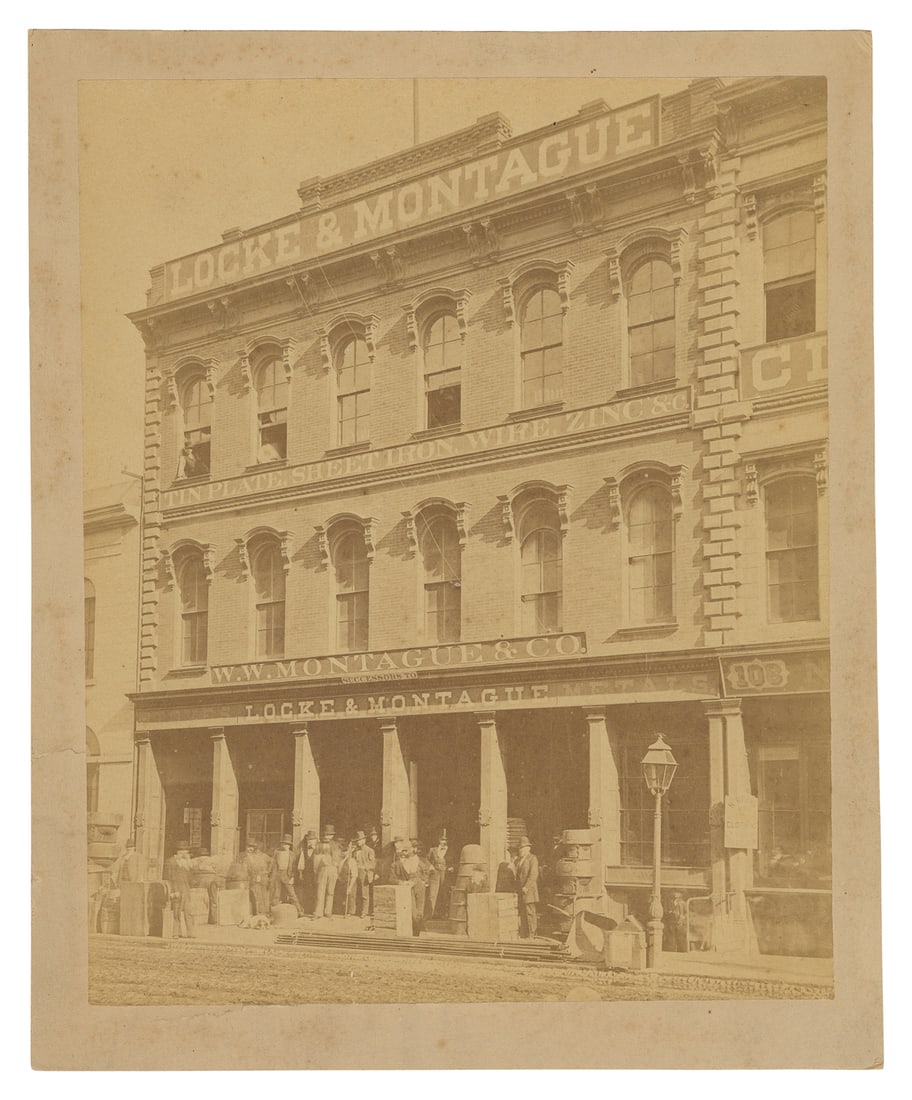[SAN FRANCISCO]. An imperial photograph of a street scene. ...: [SAN FRANCISCO]. An imperial photograph of a street scene. Circa 1857. On original mount, overall 260 x 210 mm, light marginal spotting. Locke & Montague was established during the Gold Rush Era, in S