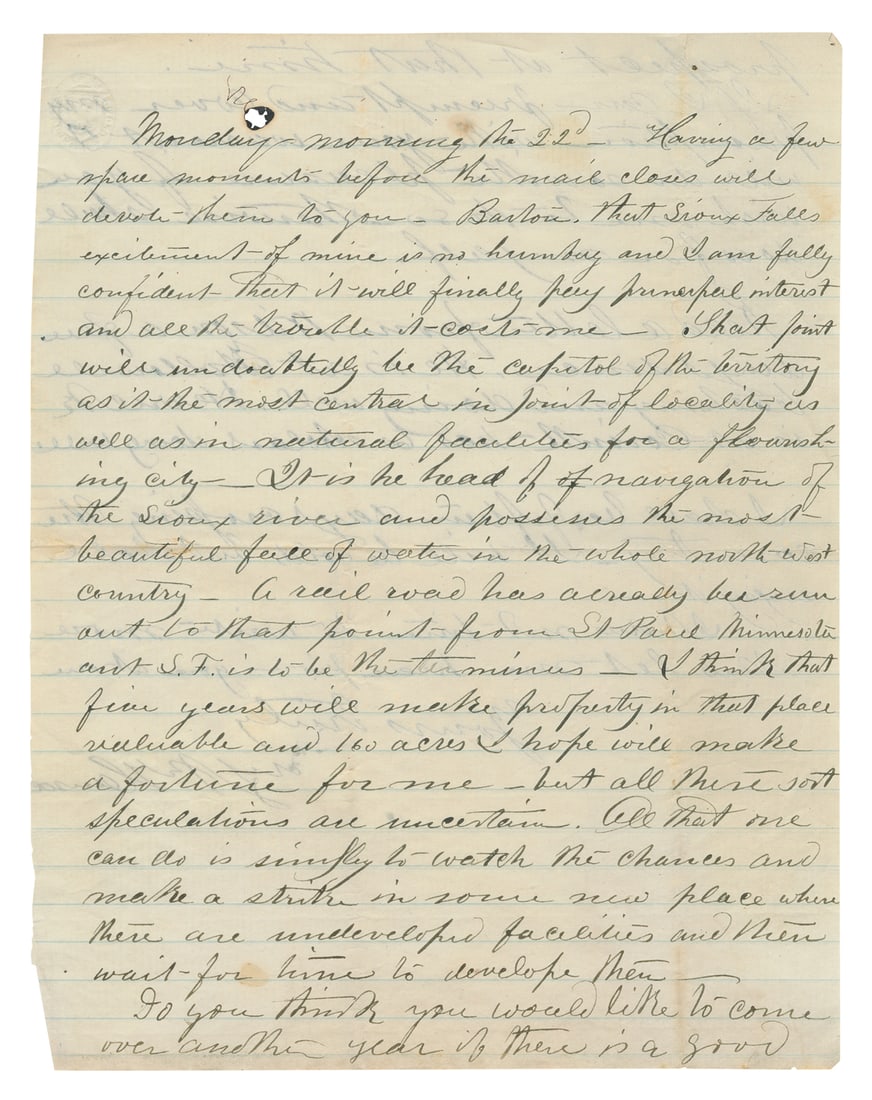 [SOUTH DAKOTA]. Autograph Letter Signed. [Sioux Falls], “Mo... (1 of 2)