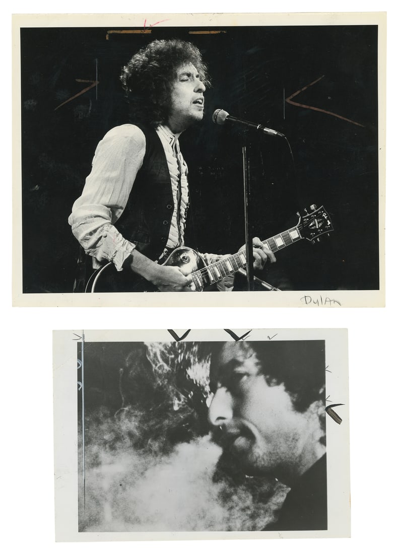 [MUSIC]. [DYLAN, Bob (b. 1941)]. Group of Six Press or Prom...: [MUSIC]. [DYLAN, Bob (b. 1941)]. Group of Six Press or Promotional Photos of Bob Dylan, Including One with Him Performing with Johnny Cash (1932-2003). [San Francisco: Examiner Reference Library, 1971